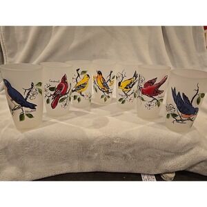 Set 7 MCM Vintage Different Birds Frosted Drinking Glasses 5.5"‎ bluebird…